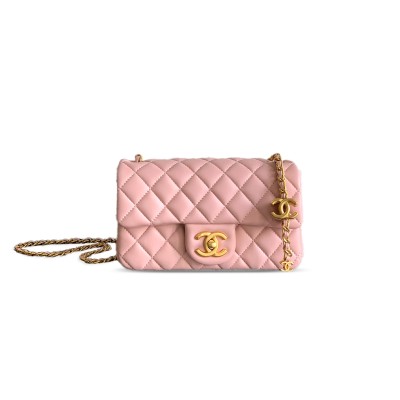 CHANEL MINI FLAP BAG SHINY LANBSKIN IN SAKURA POWDER AS5759 B21570 (20*13*7cm)